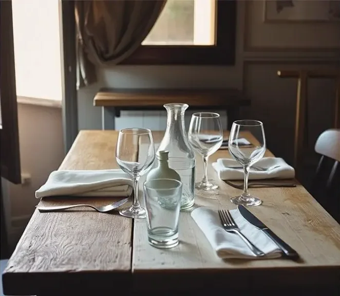 A table laid for lunch with linen napkins, glasses and a water jug, the afternoon sun coming through the front window across the cloth