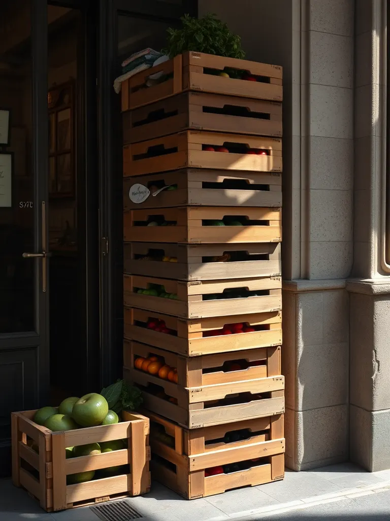 Wooden market crates full of vegetables stacked just inside the restaurant door, the morning delivery still unpacked
