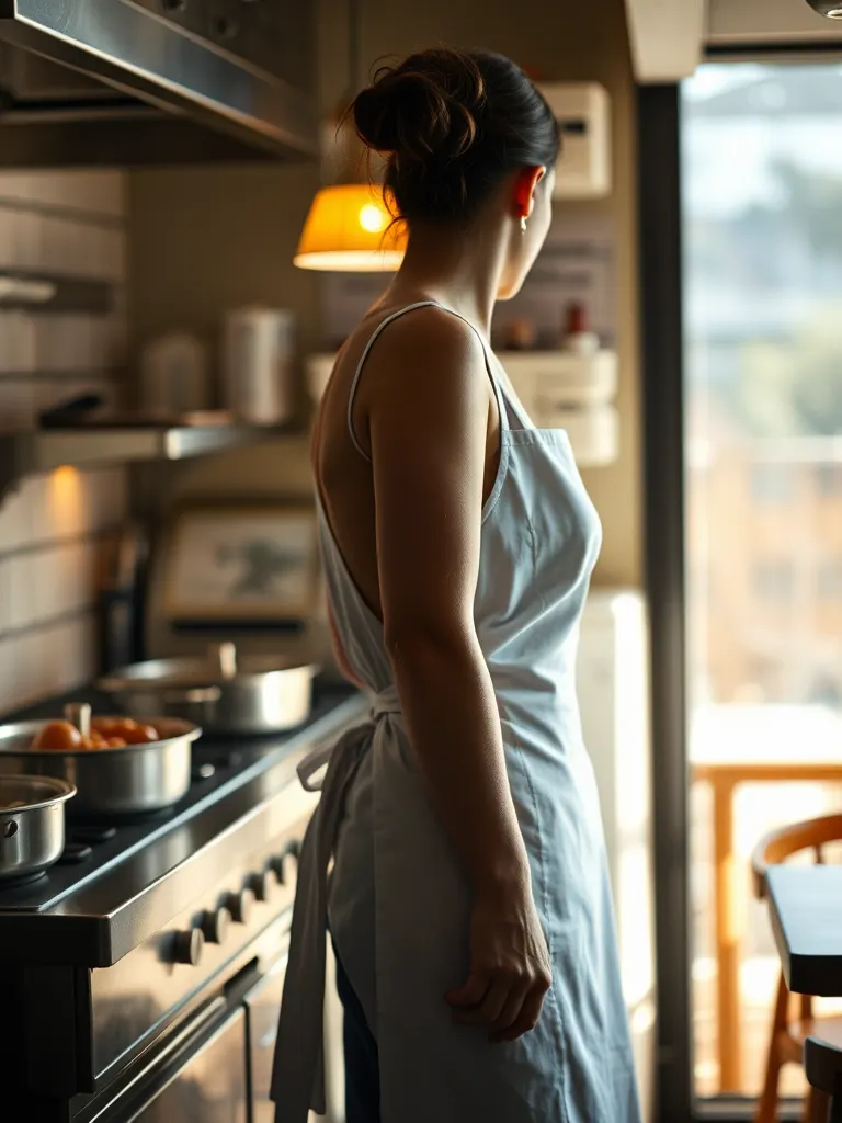 A cook in a white apron at the pass of a small open kitchen, hands resting on the steel counter, turned towards the dining room