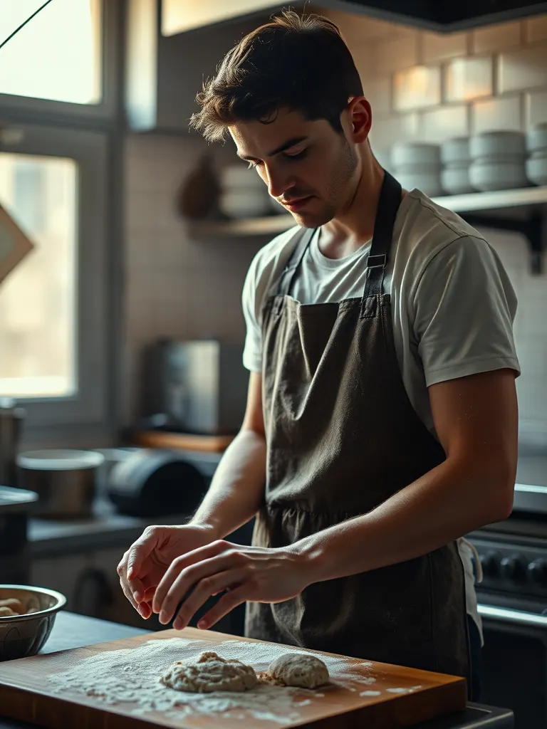 A young baker in a flour-dusted apron lifting dough onto a wooden board in the kitchen