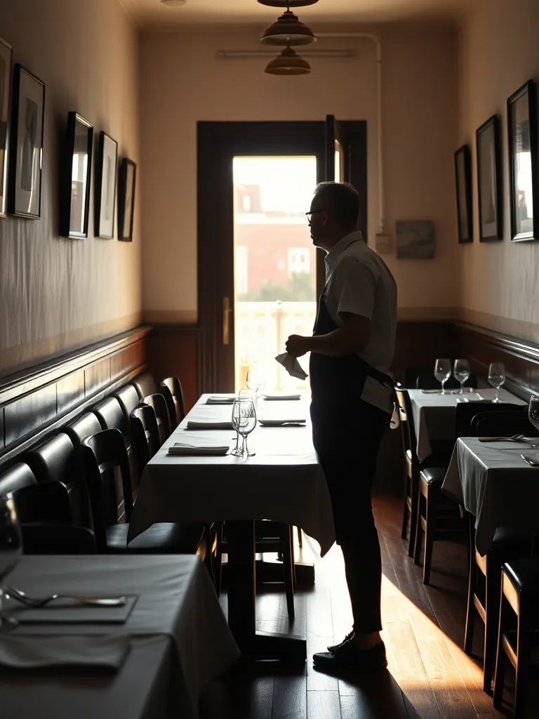 A waiter in a dark apron at the end of a long table, folding a napkin and looking towards the door