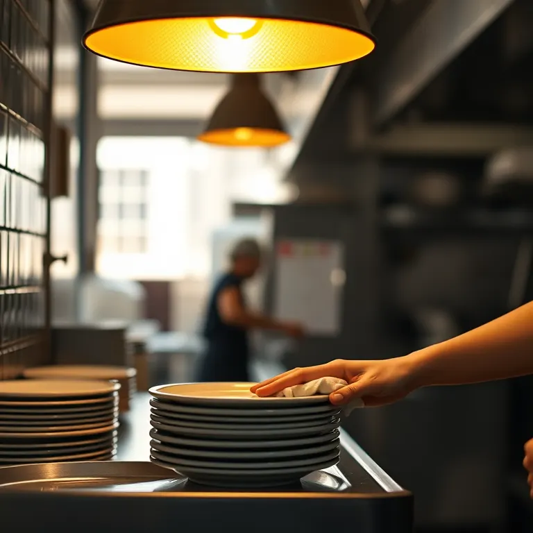 Plates waiting under a warm heat lamp at the pass while a cook wipes a rim