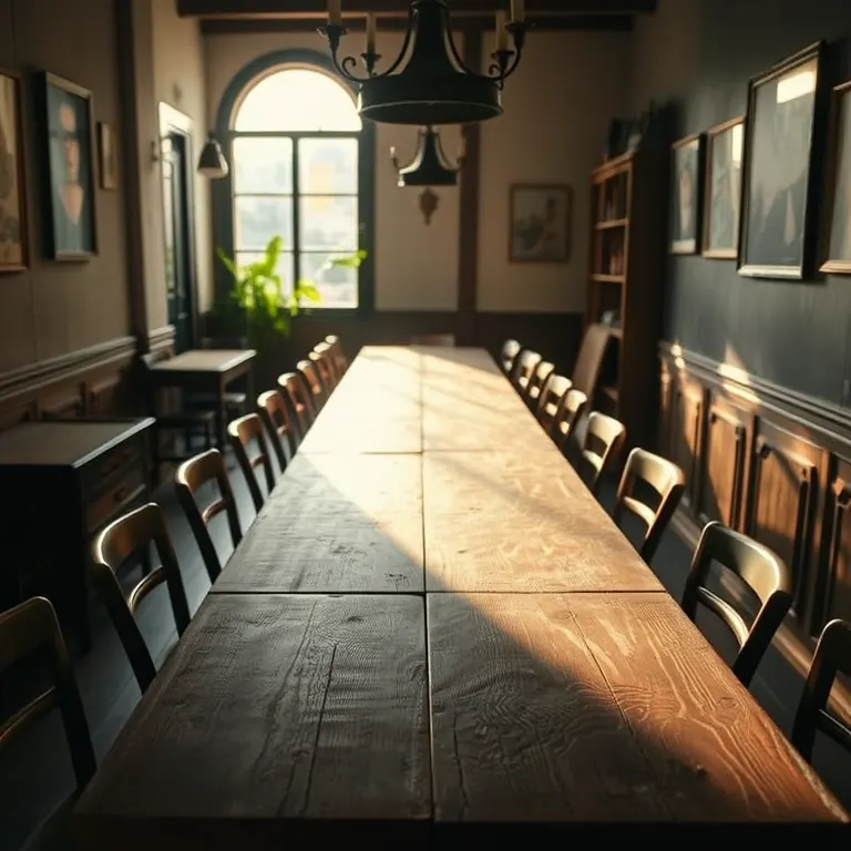 The long communal table at the back of the dining room, set for twelve with mismatched chairs, late sun along the worn wooden top