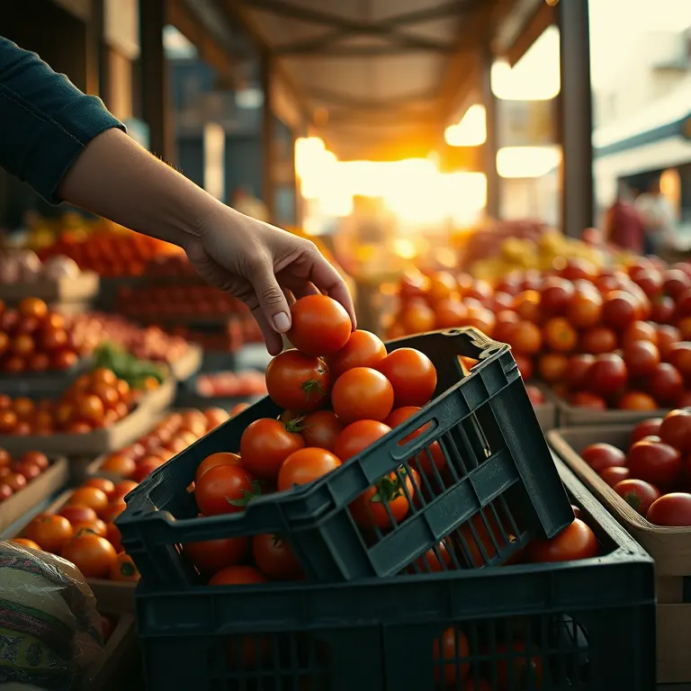 A hand lifting tomatoes from a crate at a market counter early in the morning, produce stacked all around