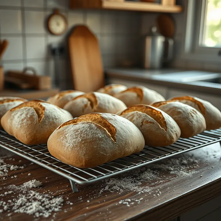 Loaves of bread cooling on a wire rack on a floured wooden counter