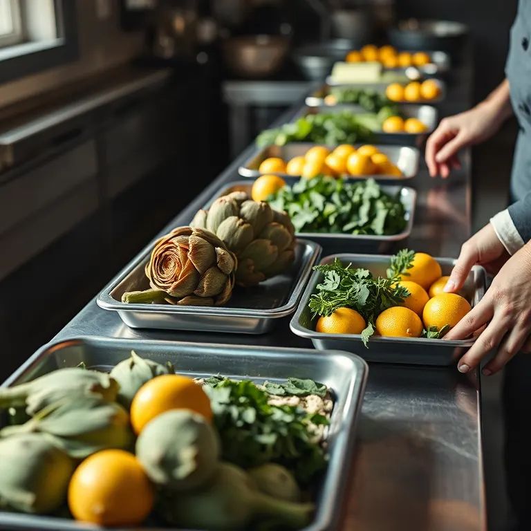 Artichokes, herbs and lemons in shallow trays along a steel counter before service, a cook's hands at the edge