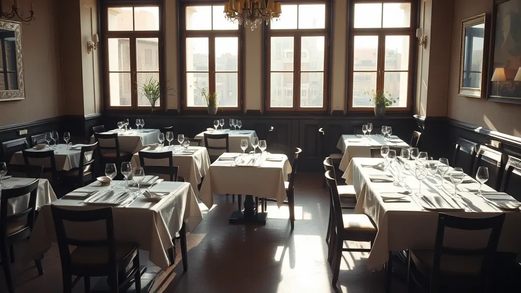 The dining room before service, twelve tables laid with linen and glasses, chairs squared and sun across the floor