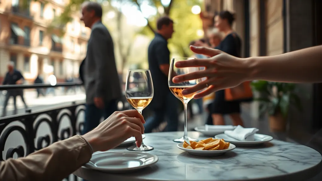 Lunch on a small terrace, plates and wine glasses on a marble-topped table, hands reaching across in dappled sun through the trees
